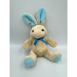 GALERIE 8" Plush VTG Tan Stuffed Easter Bunny w/Blue Feet and Ears and Bow! HTF